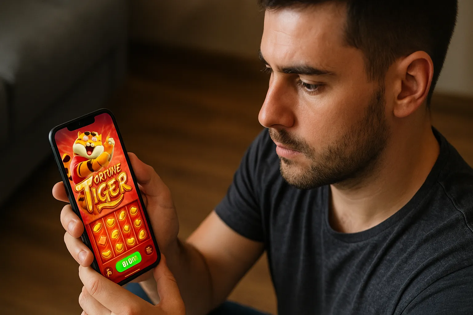 Homem segurando celular com o jogo do tigrinho (Fortune Tiger) aberto na tela, popular jogo de apostas online.