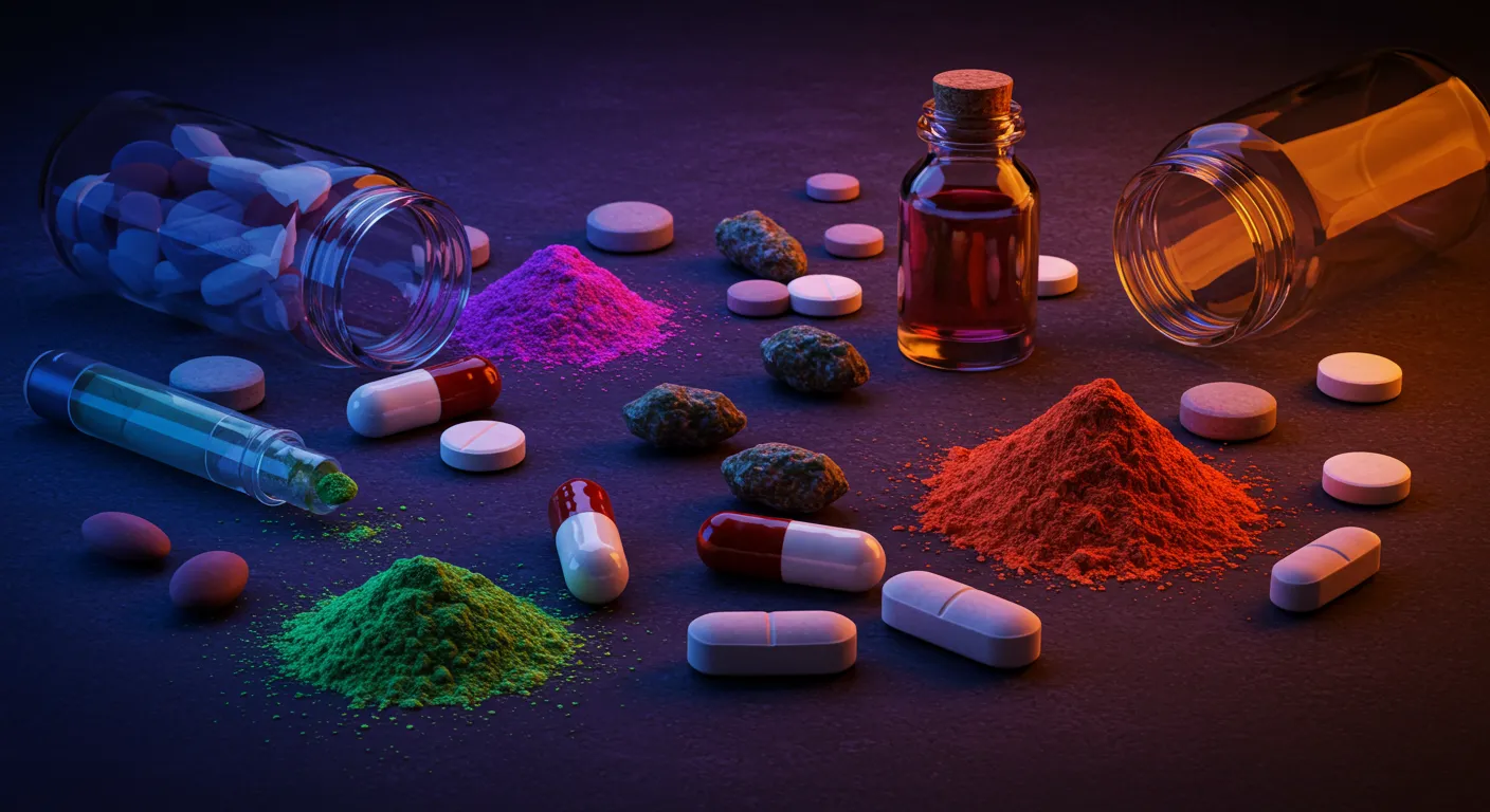 Diferentes tipos de drogas alucinógenas em comprimidos, cápsulas, pós coloridos e líquidos, dispostos sobre uma superfície escura. Diferentes tipos de drogas alucinógenas em comprimidos, cápsulas, pós coloridos e líquidos, dispostos sobre uma superfície escura.